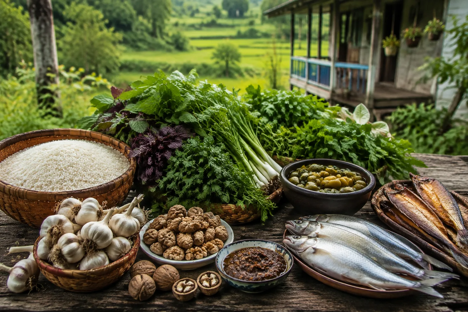 مواد اولیه غذاهای گیلانی شامل برنج، سبزی محلی، سیر، گردو و ماهی